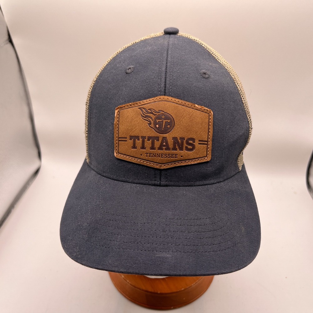 47 Brand Tennessee Titans Navy Blue Mesh Trucker Hat Leather Patch NFL Cap OSFA